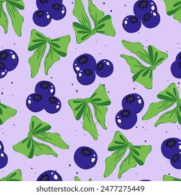 Blueberries and coquette ribbon bow seamless pattern. Sweet blueberry and green bow. Aesthetic wallpaper in trendy retro vintage style. Cute hand drawing cartoon vector illustration isolated on purple