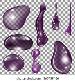 Blueberries or currant juice drops set different forms and tints on transparent background, vector