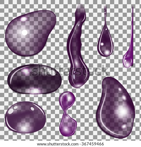 Blueberries or currant juice drops set different forms and tints on transparent background, vector