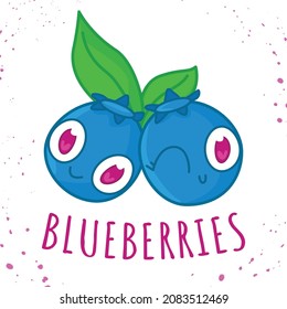 Blueberries Cute Funny Vector Cartoon food illustration. Icon Berry Face. Suitable for Learning Book, Sticker, Kid Doodle, Poster.