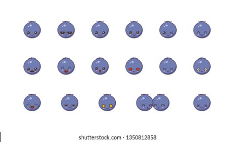 Blueberries cute kawaii mascot.Set kawaii food faces expressions smile emoticons. 