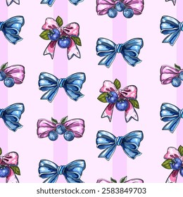 Blueberries and Decorative Bows Seamless Patternю Elegant Pink and Blue Ribbon Design with Berri. Whimsical Pattern with Ribbons, Blueberries, and Leaves