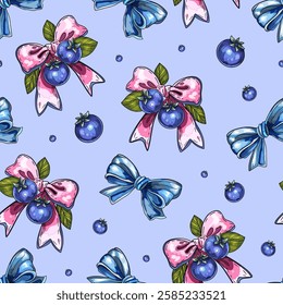 Blueberries and Decorative Bows Seamless Patternю Elegant Pink and Blue Ribbon Design with Berri. Whimsical Pattern with Ribbons, Blueberries, and Leaves