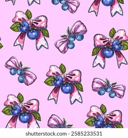 Blueberries and Decorative Bows Seamless Patternю Elegant Pink and Blue Ribbon Design with Berri. Whimsical Pattern with Ribbons, Blueberries, and Leaves