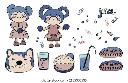 Blueberries and desserts collection of cute stickers. Children's characters holding berries. Vector illustration isolate on white.