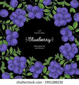 Blueberries frame vector illustration. Hand drawn berries. Vintage style design. Organic food, healthy food.