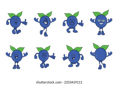 Blaubeeren Fruchtausdruck Vektor Pack, Funny Cartoon Früchte Gesicht, Sommer-Frucht-Charaktere Vektorpack einzeln auf Weiß.