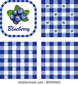 Blueberries and Gingham Seamless Patterns, fresh, garden fruit, illustration label tag with text, EPS includes 3 check pattern swatches that will seamlessly fill any shape.