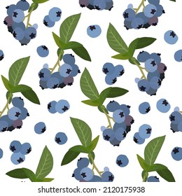 Blueberries with green leaves gouache flat illustrations seamless pattern. Green leaves and berries isolated on white background for wrapping paper, wallpaper, fabric. 