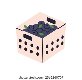 Blueberries harvest in crate, basket. Natural vitamin foos, summer blue berries heap gathered into box. Bilberries pile in case, package. Flat vector illustration isolated on white background