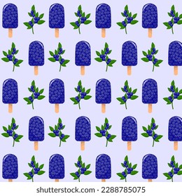 Blueberries  ice cream with blueberry branch seamless pattern. For sticker and t shirt design, posters, logos, labels, banners, stickers, product packaging design, etc. Vector illustration.