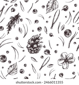 Blueberries with leaves, cones, moss, fir needles. Graphic illustration, hand drawn with brown ink, line art monochrome. Seamless pattern, simple on the theme of forest, harvest, nature.