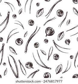 Blueberries with leaves and fir needles. Graphic illustration, hand drawn with brown ink, line art monochrome. Seamless pattern, simple on the theme of forest, harvest, nature.