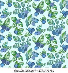Blueberries and leaves pattern doodle hand drawn. Colorful graphics vector. Vector floral texture for fabric, wrapping paper, floral design.
