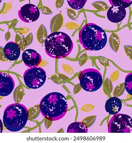 Blueberries and leaves printed on risograph. Seamless background for fabrics, textiles, packaging and wallpaper. Vector illustration