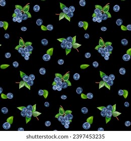 Blaubeeren auf schwarzem Hintergrund.Vektor-nahtloses Muster mit Heidelbeeren und grünen Blättern auf schwarzem Hintergrund.
