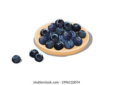Blueberries on wooden plate. Isolated blueberries on white background. Close up fruits vector drawing. Organic fresh fruits.   