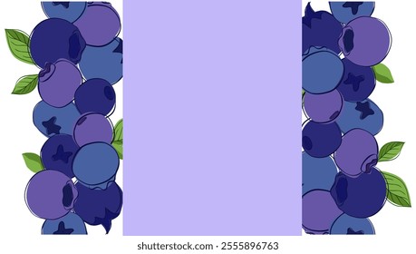 Blueberries painting seamless border and frame. graphic line vector illustration template for text
