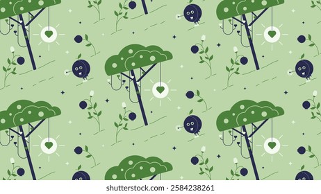 Blueberries and plants in a garden pattern design