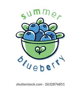 Blueberries in a plate. Summer berries with leaves in doodle style