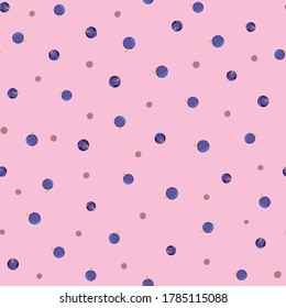 Blueberries polka dot seamless vector pattern. Summertime farm fruit surface print design for girly fabrics, stationery, textiles, home decor, wrapping paper, scrapbooking, and packaging.