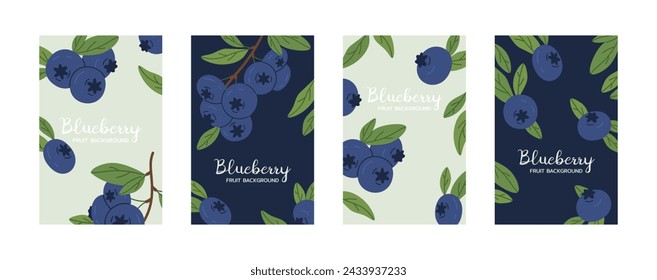 Blueberries posters. Fresh blueberry with leaves, juicy hand drawn blueberries flat vector background illustration set. Delicious blueberry backdrops