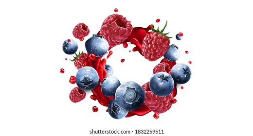 Blueberries and raspberries in a splash of red fruit juice.