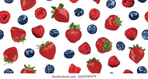 Blueberries raspberries strawberries seamless pattern on white background. Blueberry raspberry strawberry vector design for fabric, paper, wallpaper, decoration, textile, wrapping, and other use.