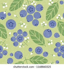 Blueberries seamless pattern. Berries with leaves and flowers on shabby background. Original simple flat illustration. Shabby style.