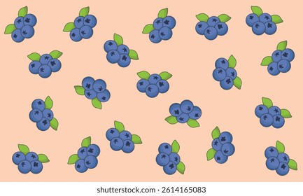 Blueberries seamless pattern. Berries with leaves background. Original simple flat illustration. Flat cartoon style.