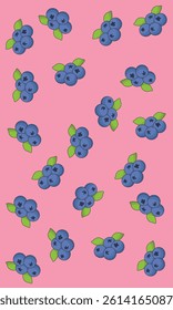 Blueberries seamless pattern. Berries with leaves background. Original simple flat illustration. Flat cartoon style.