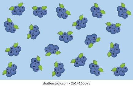 Blueberries seamless pattern. Berries with leaves background. Original simple flat illustration. Flat cartoon style.