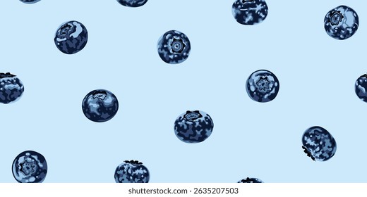 Blueberries seamless pattern on light blue background. Perfect print for wrapping paper and fabric. Blueberry vector design for fabric, paper, wallpaper, decoration,  textile, wrapping, other use.