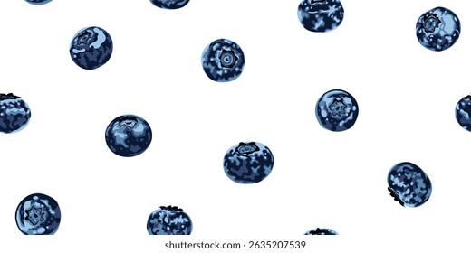 Blueberries seamless pattern on white background. Perfect print for wrapping paper and fabric. Blueberry vector design for fabric, paper, wallpaper, decoration,  textile, wrapping, other use.
