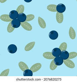 Blueberries seamless pattern, vector illustration. Berries of forest blueberries on a light blue background. Template for fabric, packaging, backing and wallpaper.