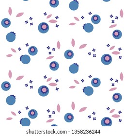 Blueberries seamless vector pattern on white background. Small blue berries floral fabric textile print background.