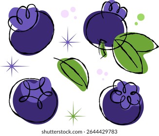 Blueberries And Stars is a whimsical set featuring hand-drawn blueberries and leaves styled in a 50s retro manner. The color palette includes deep purples, vibrant greens, and soft pastels.