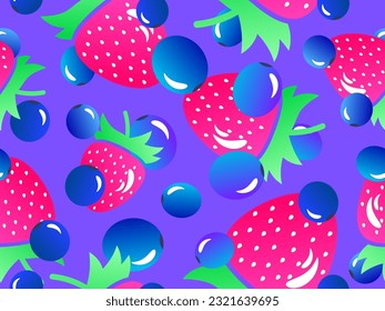 Blueberries and strawberries in 3d style seamless pattern. Summer berry mix with strawberries and blueberries with gradient color. Design for wallpapers, banners and posters. Vector illustration