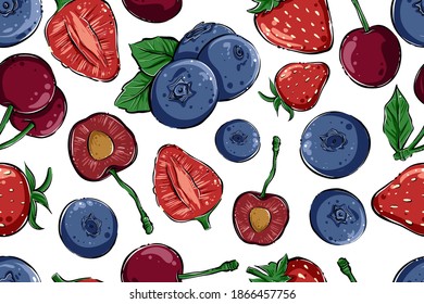 Blueberries, strawberries and cherries. Seamless pattern. Color, vector.