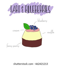 Blueberries tart with cream, mousse, fancy pastry and almond. Vector hand drawn isolated illustration. List of main ingredients of tart. Unique outline sweet dessert. Good for invitation or poster. 