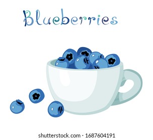 Blueberries with title. Fresh blue berries at small ceramic cup. Sweet food composition with name. Clip art isolated on white background. Vector illustration.