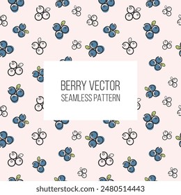 Blueberries vector seamless pattern. Berries in a simple Scandinavian, cartoon, drawing style. Illustration in limited pastel tones ideal for printing on fabric, wrapping paper.