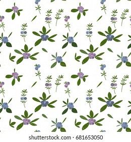 Blueberries vector seamless pattern. Hand drawn berries in pastel colors on light background with worn out texture.
