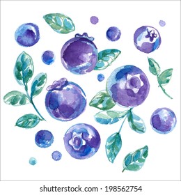 Blueberries watercolor vector pattern