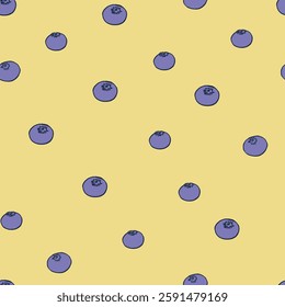 Blueberries with yellow background seamless pattern. 
