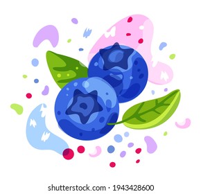 Ilustración abstracta del arándano azul. Concepto de dos bayas y hojas