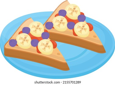 Blueberry Banana French Toast Concept, thick bread puddings with fresh fruits vector color icon design, Cooking breakfast symbol, Morning Meal Dishes Sign, Restaurant or cafe menu stock illustration 
