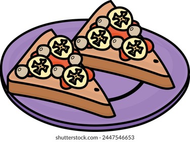 Blueberry Banana French Toast Concept, thick bread puddings with fresh fruits vector icon design, European breakfast symbol, Americans Morning Meal Sign, Restaurant cafe menu stock illustration