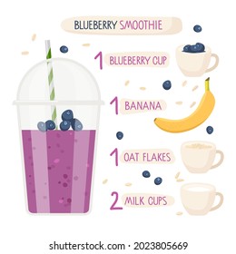 Blueberry banana smoothie recipe. Blueberry plastic smoothie cup and ingredients. Berry, banana, oat flakes, cup of milk. For cafe or restaurant menu. Organic raw shake recipe, Purple smoothie