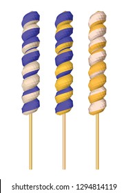 Blueberry and Banana Twisted Lollipops Isolated on White Background. Striped Candies in Blue Yellow and White. Vector Low Poly Realistic Illustration.